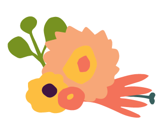 A colorful illustration of a bouquet of flowers with pink, yellow, orange, and green leaves.