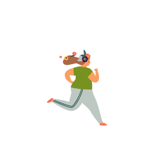 Cartoon of a person running while listening to headphones