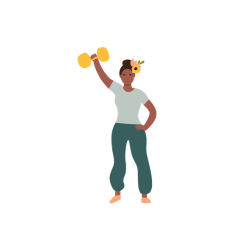 A woman holding a dumbbell in her right hand, standing with her left hand on her hip, smiling.