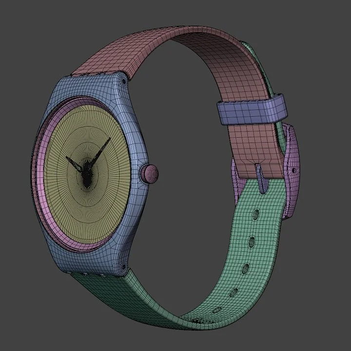 A 3D wireframe model of a smartwatch with a round face and pastel-colored strap.