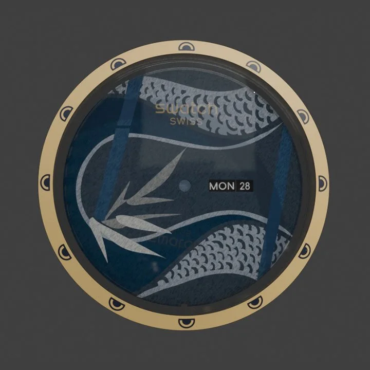 Close-up of a luxury watch face showing the time, date as Monday 28, with a dark background and gold bezel.
