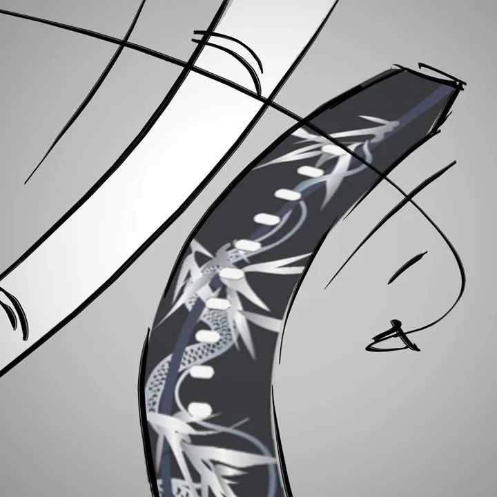 Close-up of a traditional Japanese-style umbrella, featuring a black and white dragon design, with the umbrella partially open and showing the canopy and supporting ribs.