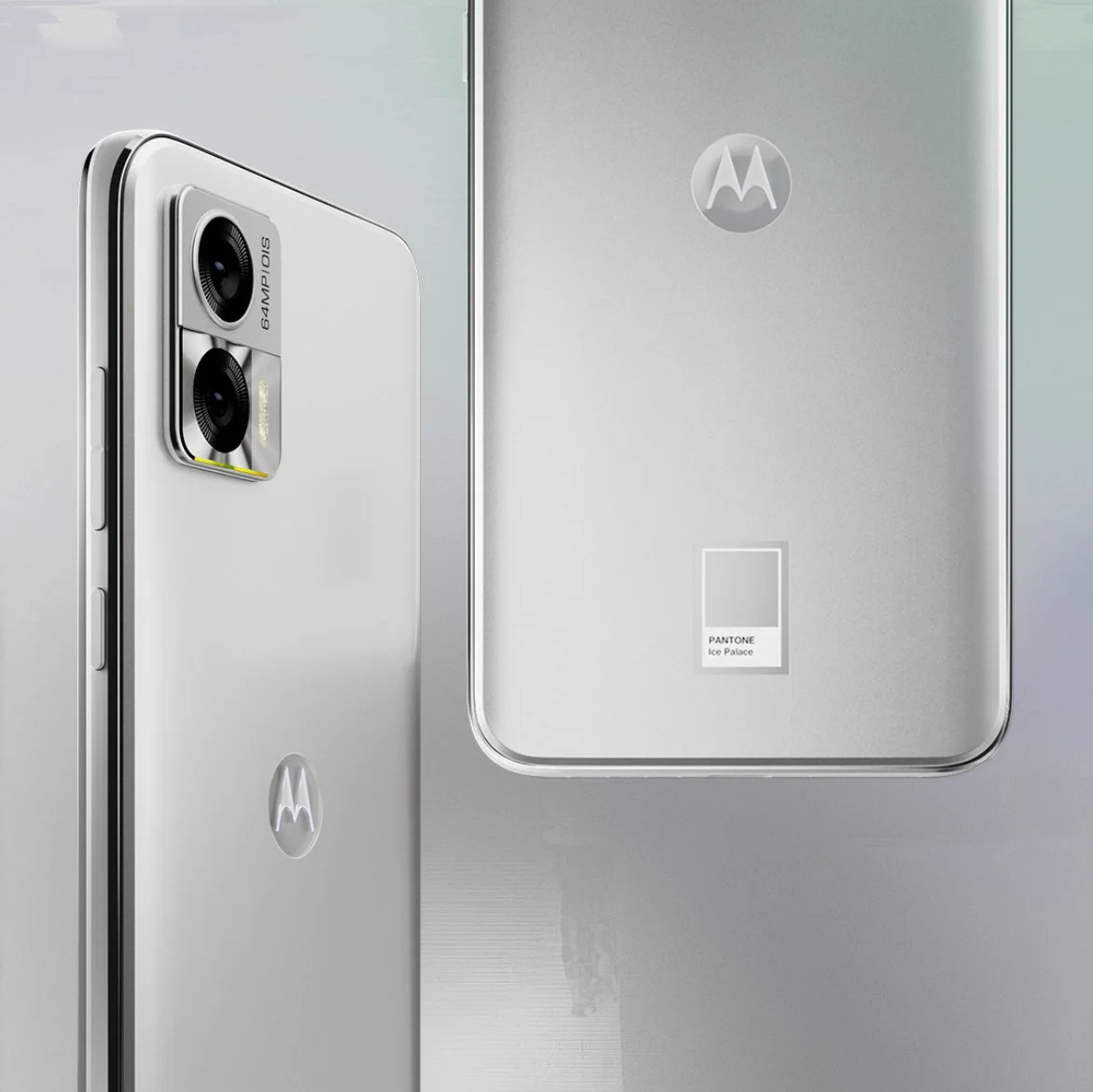 Close-up of a silver Motorola smartphone with dual camera lenses, and a silver Motorola phone box with a Pantone Ice Palace label.