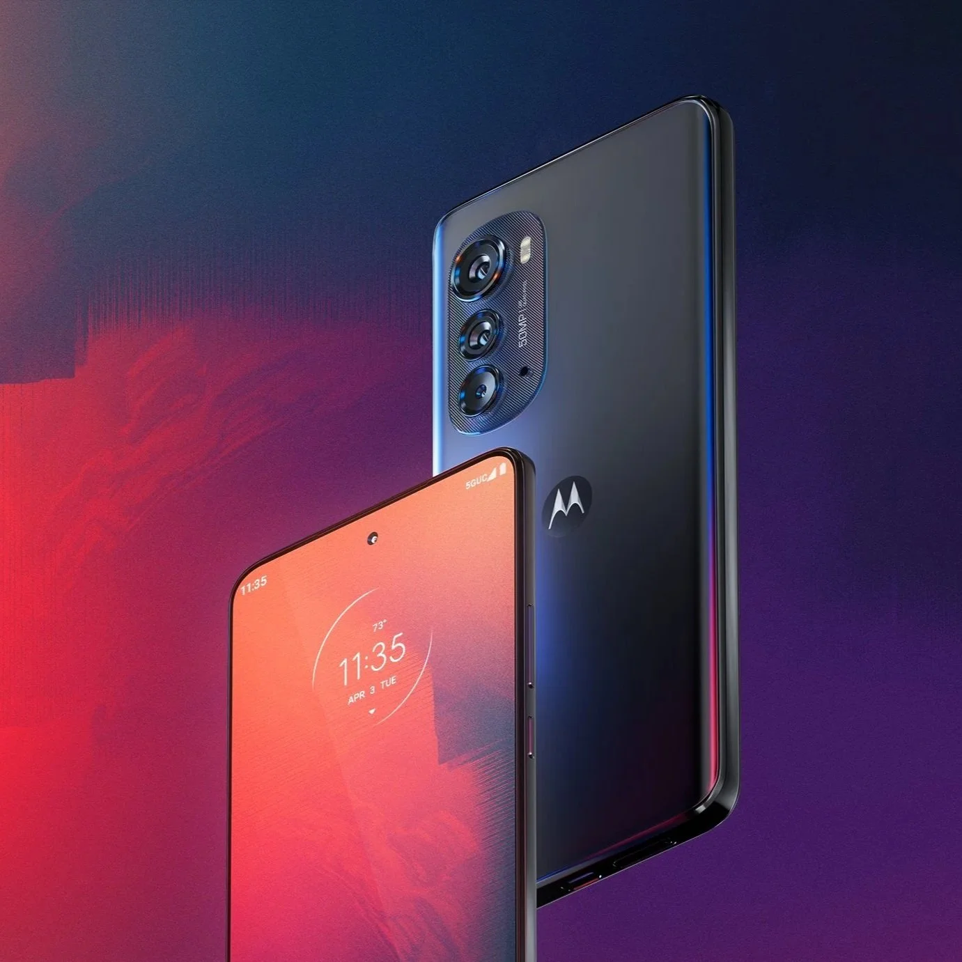 A Motorola smartphone displaying the time 11:35 on its screen, with a colorful background, partially overlapping a black mobile phone with triple camera setup on the back.