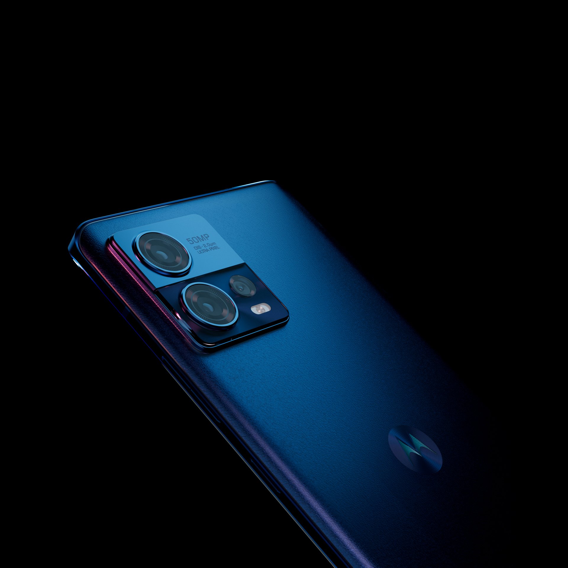 Close-up of a sleek blue Motorola smartphone with a quad-camera setup, featuring a 50MP lens, on a black background.