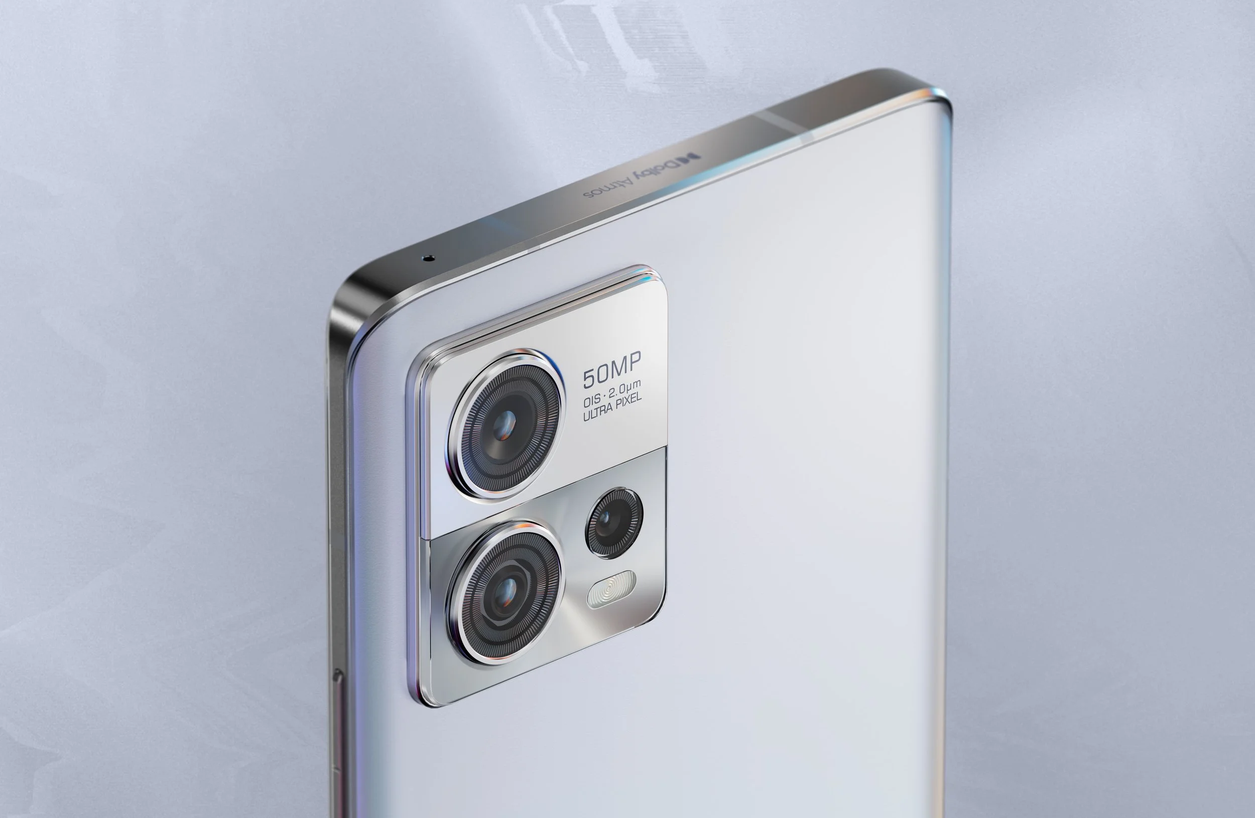Close-up of a silver smartphone with a triple-lens camera system and text indicating 50 megapixels and ultra pixel technology.