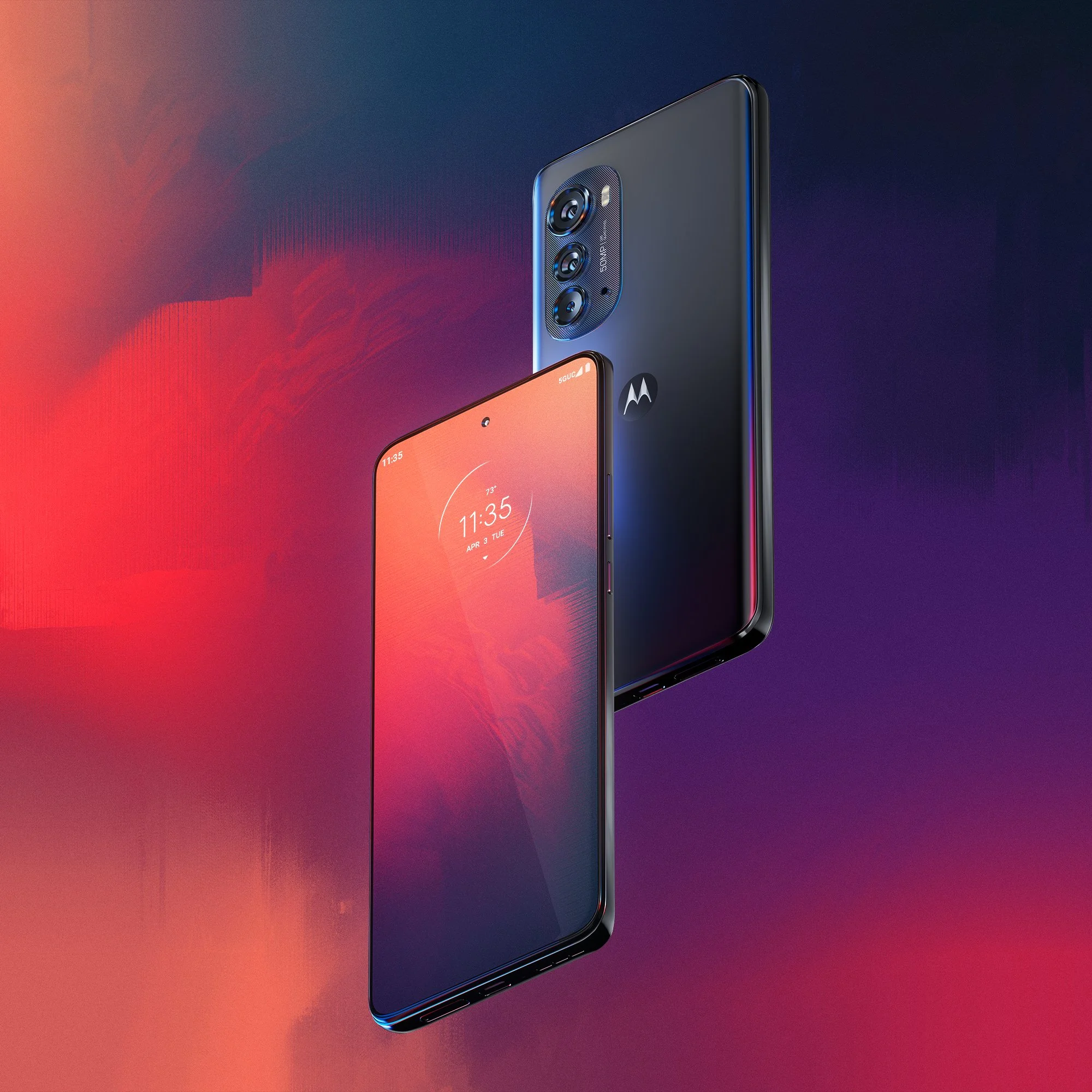 Two smartphones, one with a vibrant display and the other showing its back with cameras, floating against a colorful gradient background.