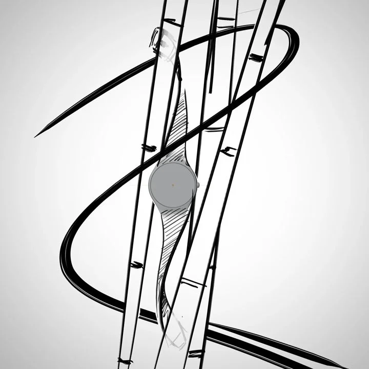 A black and white sketch of a roller coaster track viewed from below.