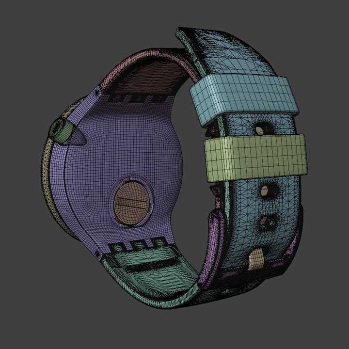 A colorful 3D wireframe model of a smartwatch with a purple face and a multicolored strap.