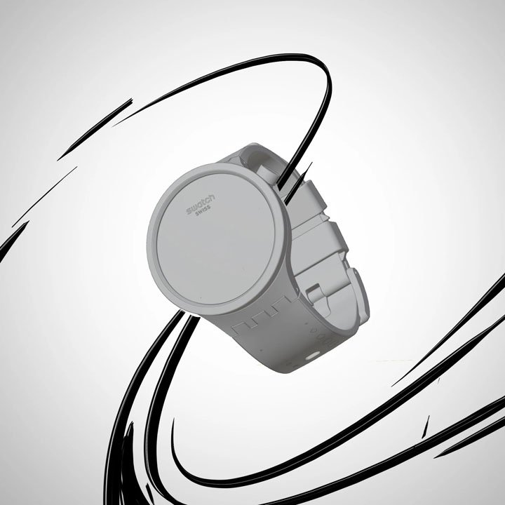 A close-up of a Swatch Swiss wristwatch with a gray band on a plain background with black abstract lines.