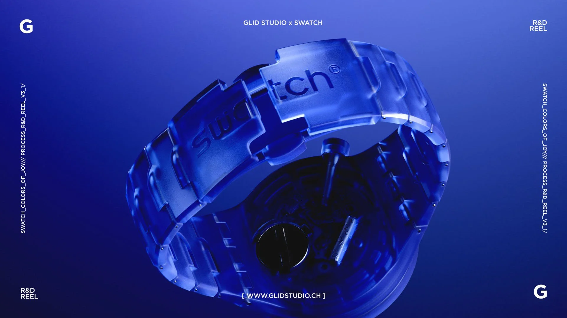 Digital rendering of a futuristic watch with a transparent blue band and a black circular face, displaying the words 'Swatch' and 'GLID Studio.' Blue background, social media and website text around the edges.