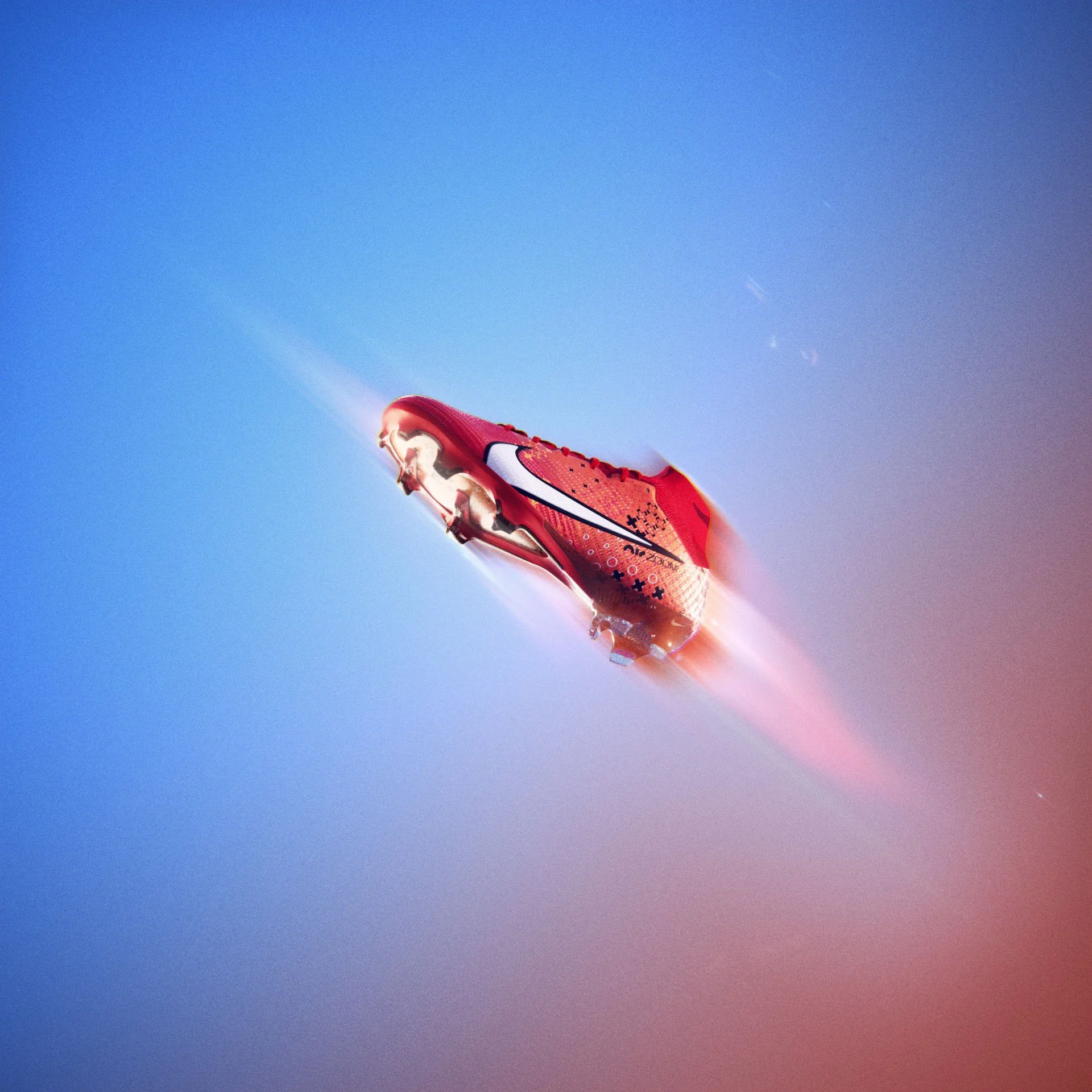 A red and white Nike soccer cleat in mid-air against a blue background