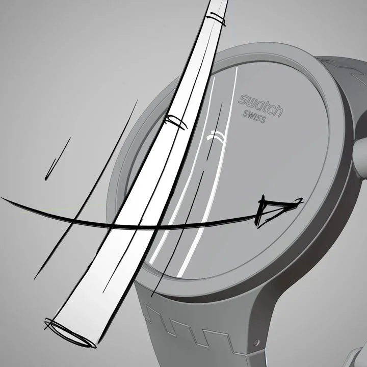 Illustration of a wristwatch with a stylus or pen pointing at it, showcasing its design details.