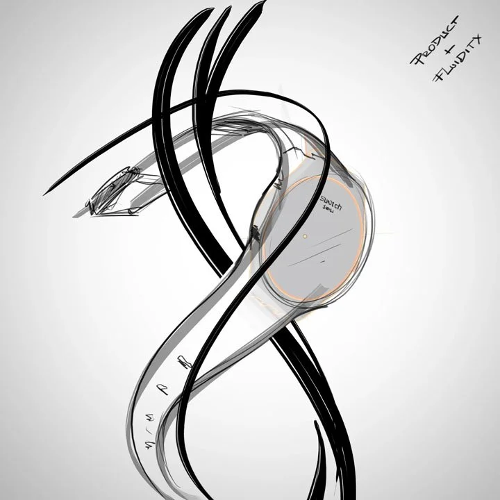Illustration of a smartwatch with black and gray bands, surrounded by abstract black and gray lines, and handwritten notes 'PRODUCT FLUIDITY' and 'SWATCH'.