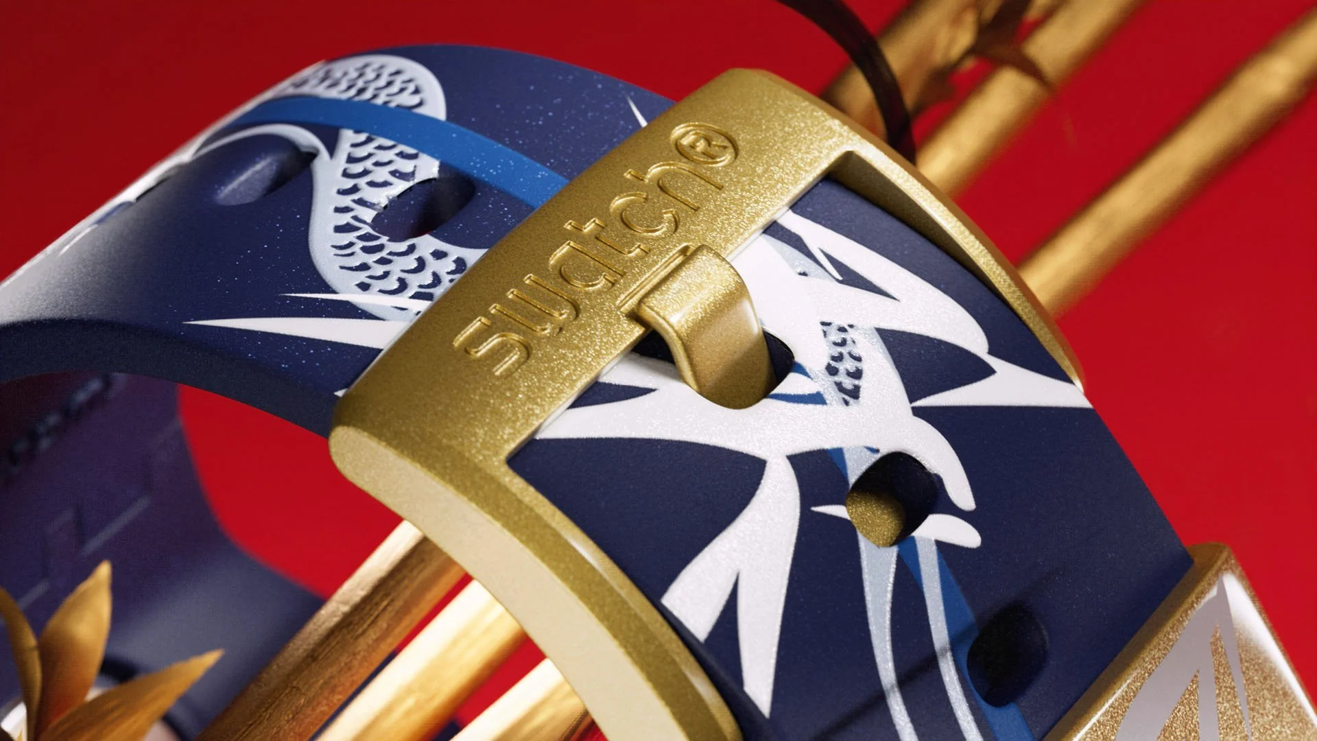 Close-up of a baseball cap with American flag design, gold grille called 'G+8,' and a red background.