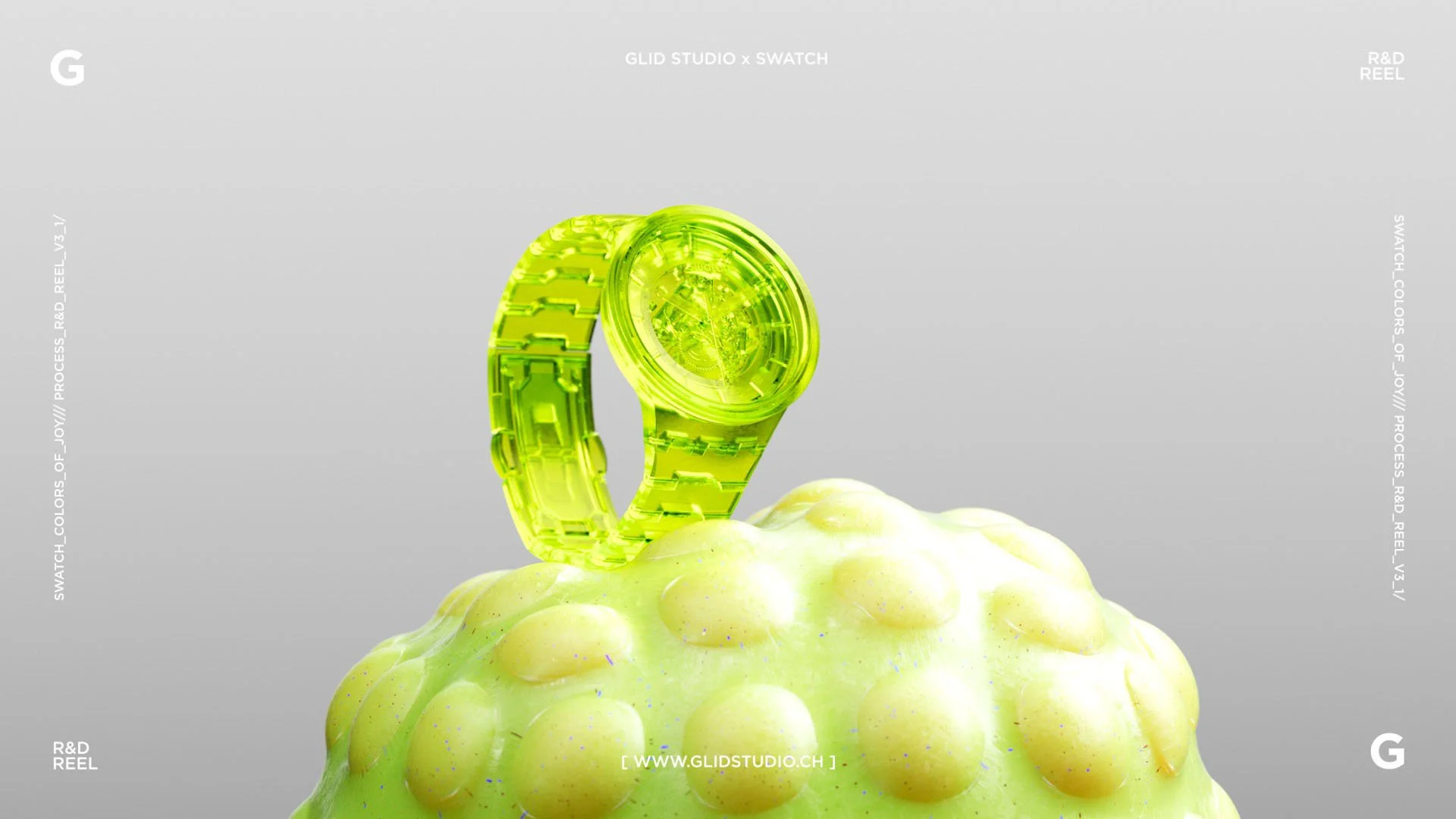 A transparent green digital wristwatch with a round face, placed on a bumpy yellow-green surface.