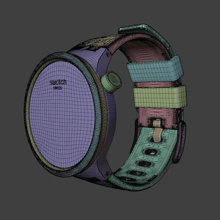 3D wireframe model of a colorful wristwatch with a round face and adjustable strap.