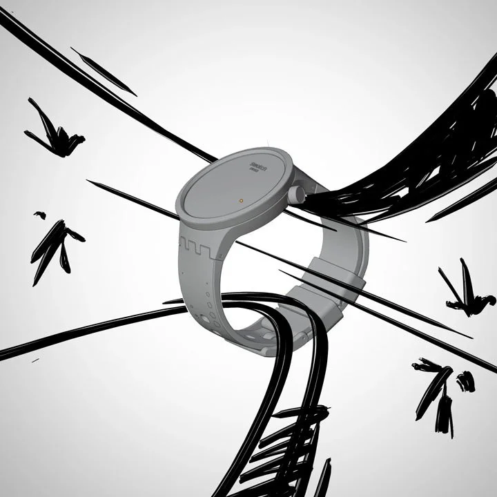 A digital illustration of a smartwatch entangled in black wires with sketches of birds flying around.