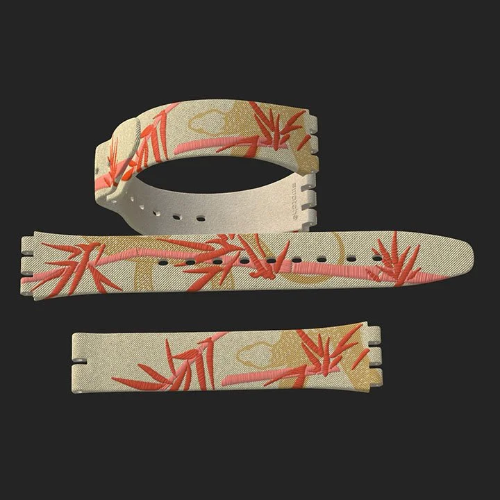 A set of three fabric watch straps with a beige background and red and orange abstract branch patterns, displayed against a black background.