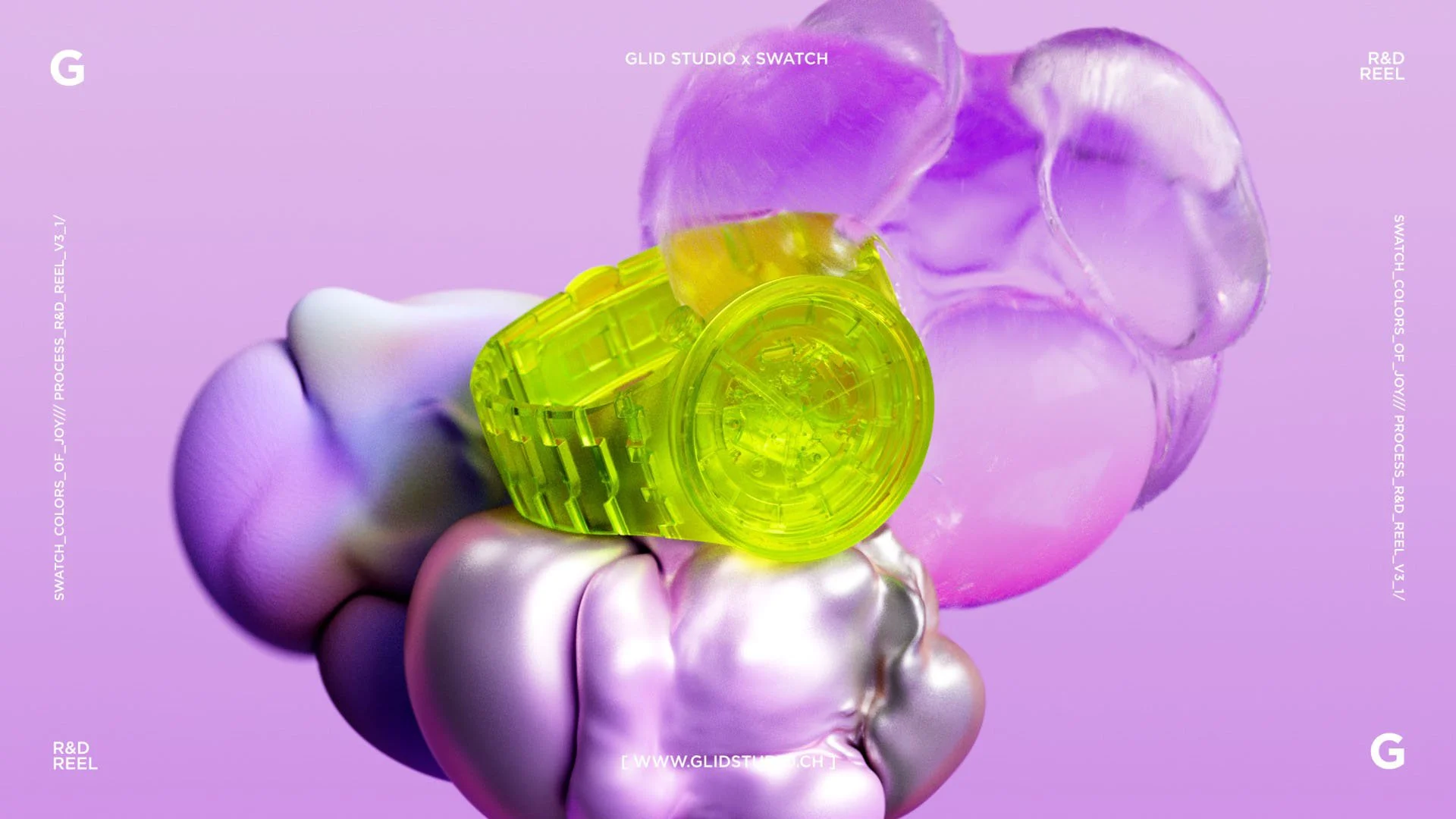 Close-up of a colorful, abstract art piece with a translucent purple object, a metallic-looking sphere, and a bright yellow geometric structure, set against a pastel purple background with text overlays.