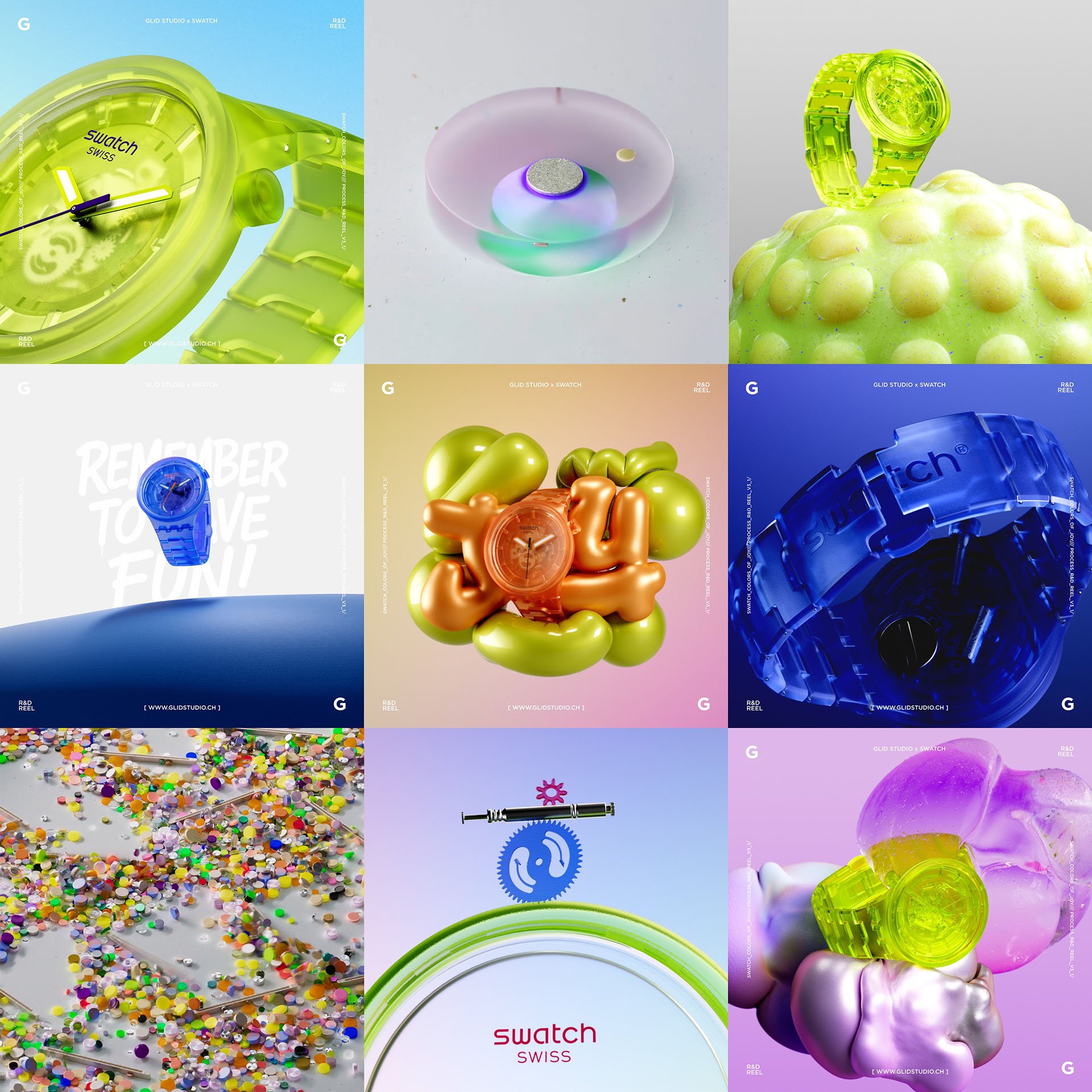 A collage of nine colorful images featuring Swatch watches, abstract and playful designs, including a green watch on a lemon, a blue watch on a white background, a red watch surrounded by irregular green and orange shapes, a close-up of colorful sprinkles, and a pink watch with a swirling background.