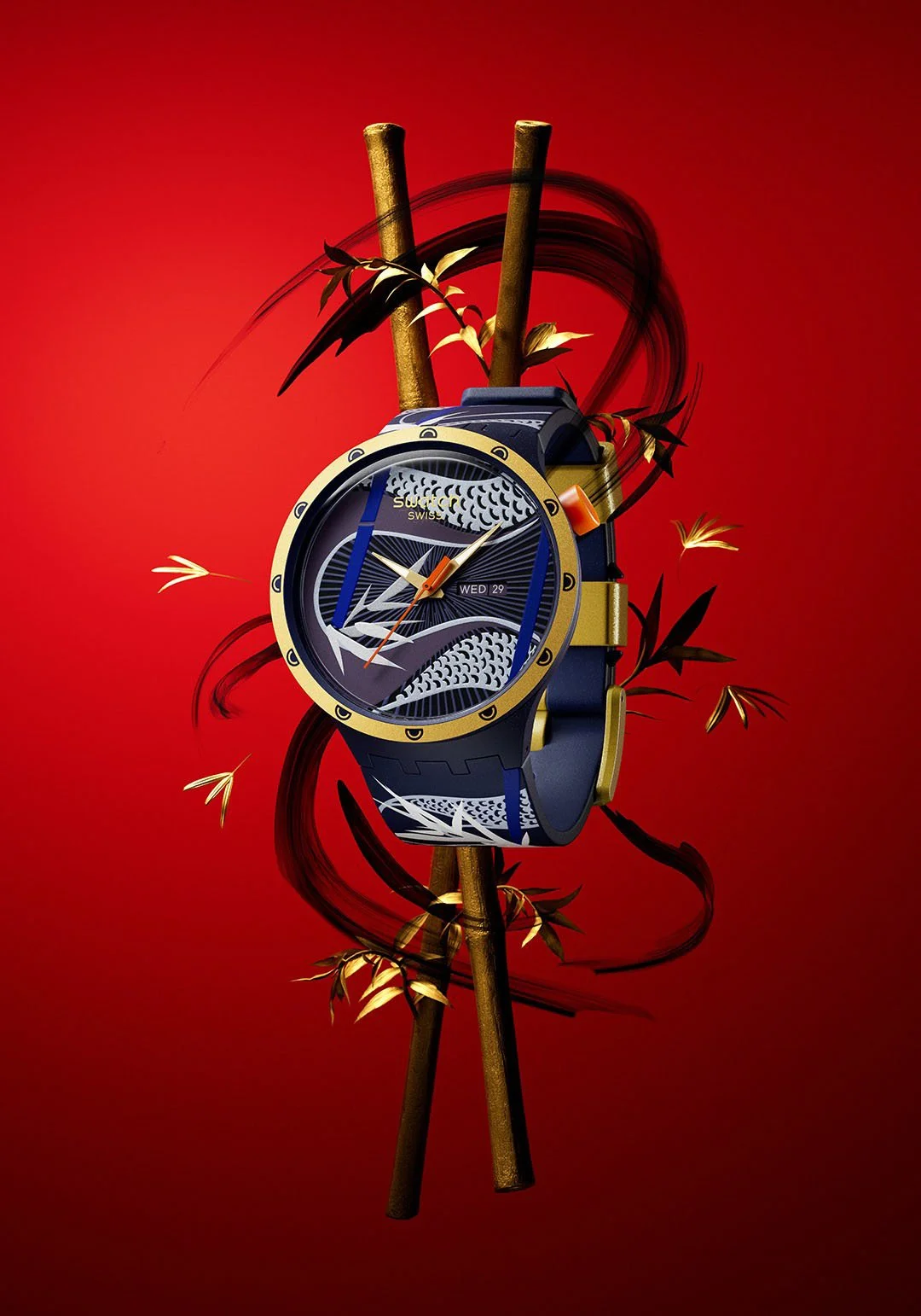 A luxury watch with a detailed blue and gold design, set against a red background with stylized black and gold bamboo branches and leaves.