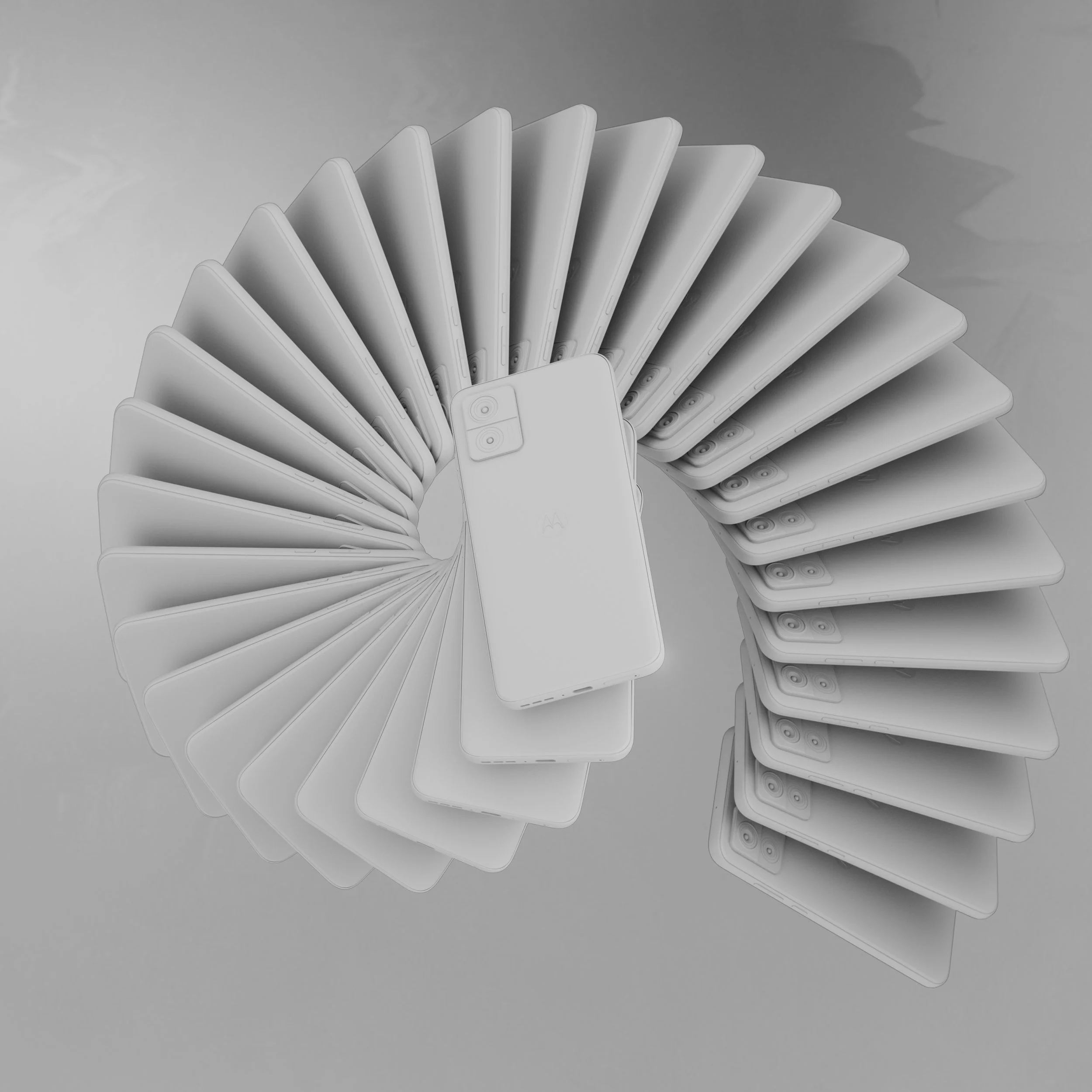 Multiple smartphones arranged in a circular pattern around a central smartphone on a reflective surface.