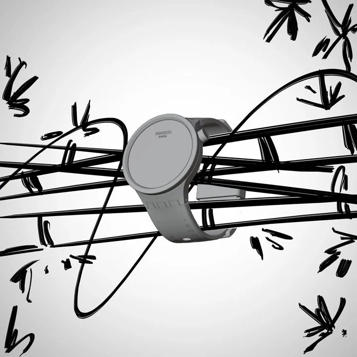 A smartwatch surrounded by black abstract lines and arrows on a white background.