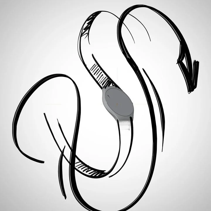 Sketch of a stethoscope with a gray chest piece and black tubing.