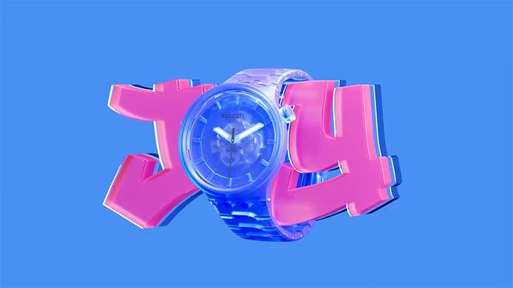 A blue wristwatch with a transparent strap placed in front of a pink and blue 3D letter-style sign.