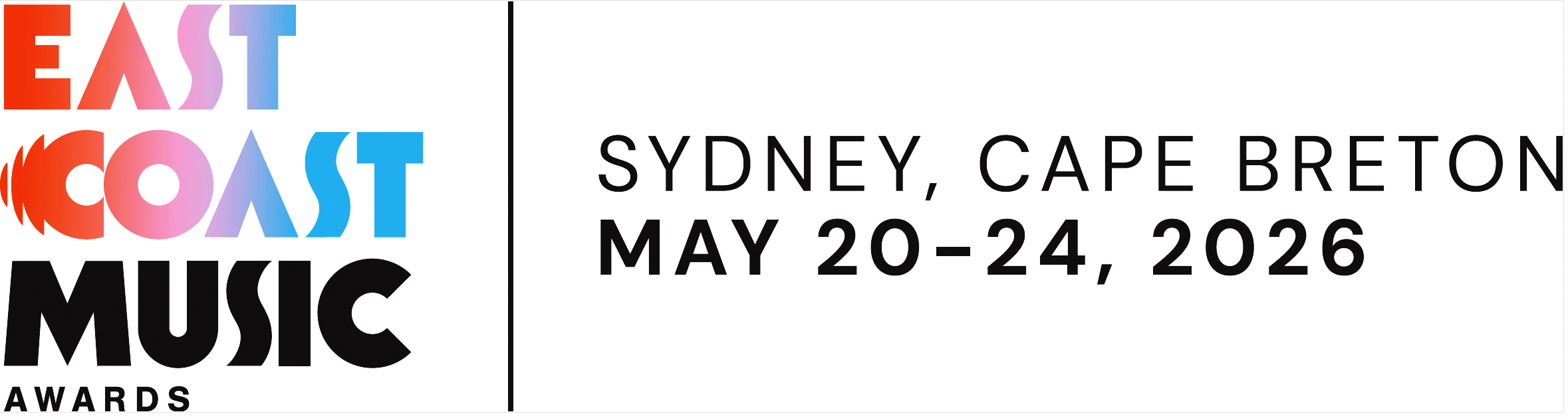 Logo for the East Coast Music Awards, featuring colorful gradient text and event details for Sydney, Cape Breton, May 20-24, 2026.
