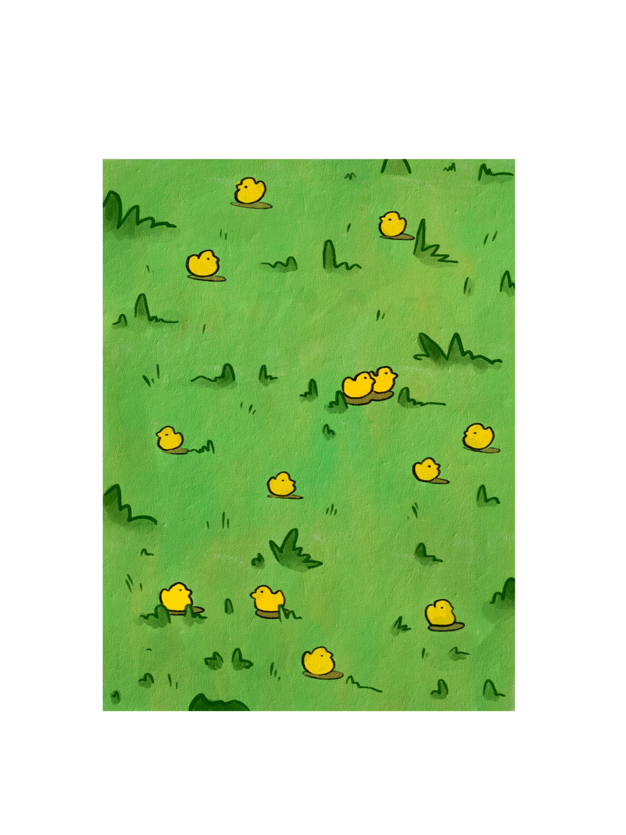 Illustration of a grassy field with multiple small yellow rubber ducklings scattered across it.