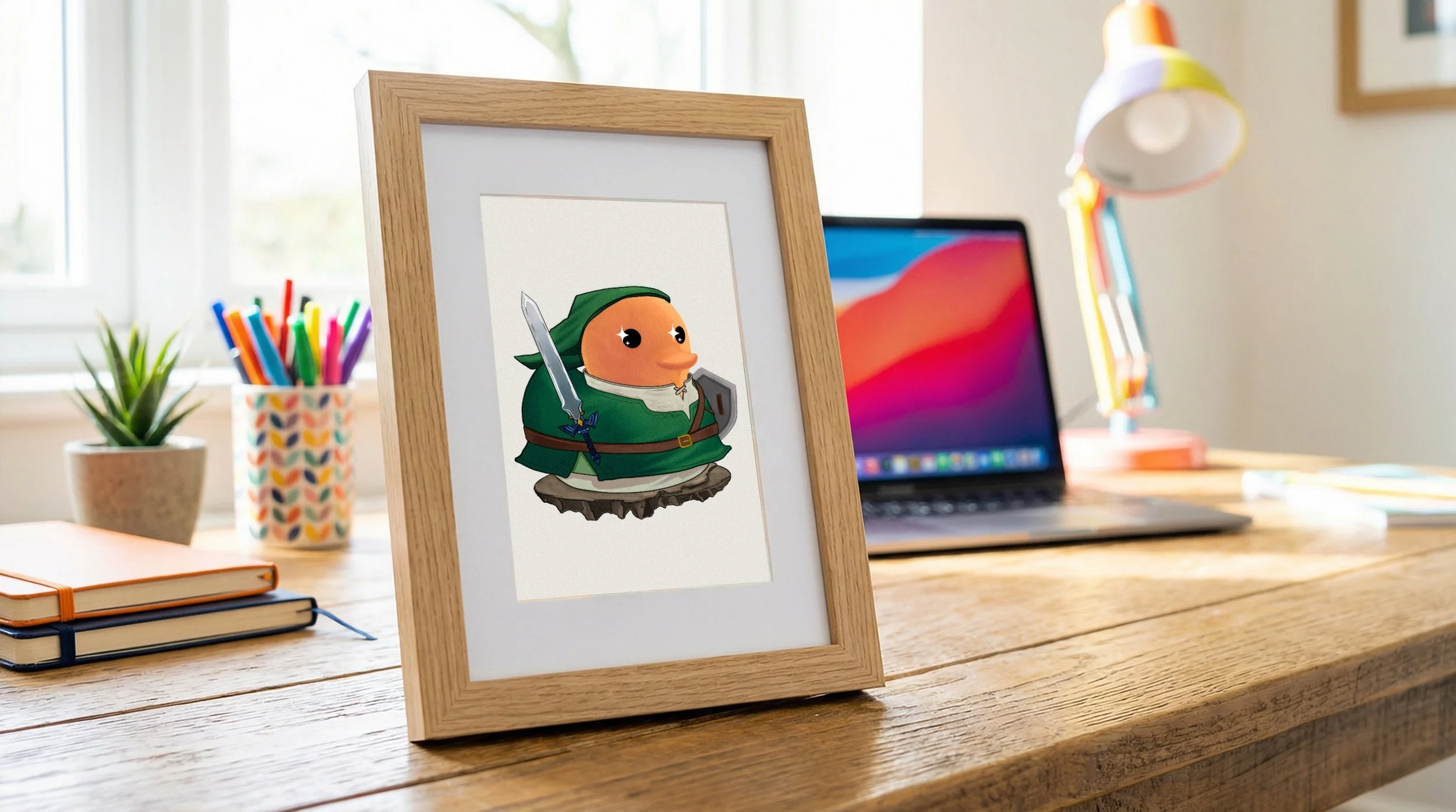 A framed artwork of a rubber duck character inspired by Link from The Legend of Zelda, holding a sword and shield, sitting on a wooden surface in a bright home office with a laptop, colorful pens, notebook, and a potted plant in the background.