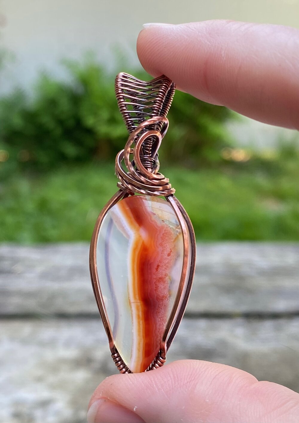 Carnelian Banded Agate & Copper Wire Wrapped Pendant - Natural