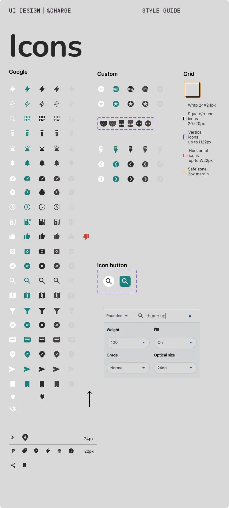 List of icons - customs and Google ones - in the &Charge design system