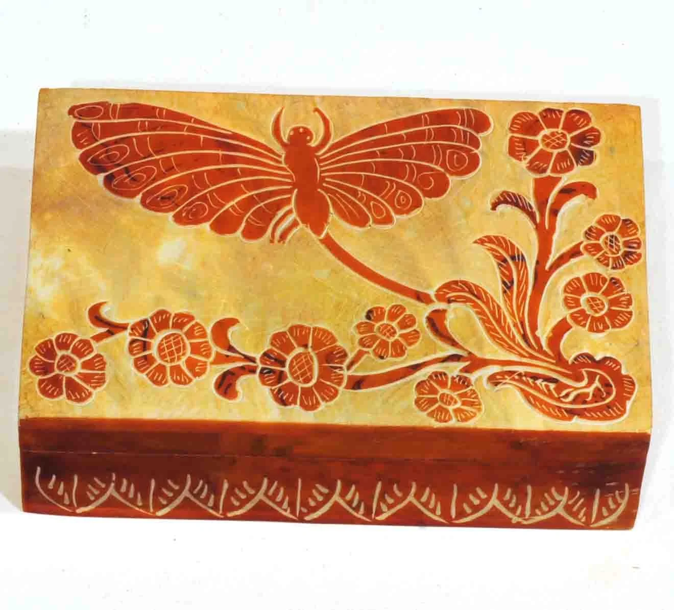 Hand-Carved Dragonfly Soapstone Box