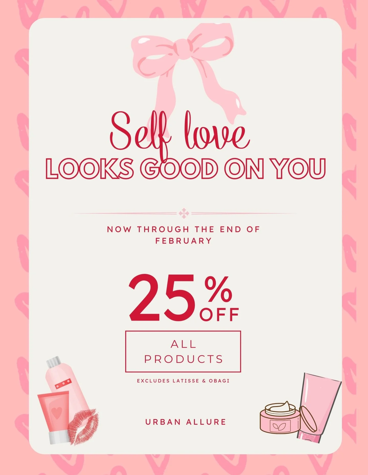 Self love looks good on you 💗
Treat your skin to the care it deserves with 25% off all products now through the end of February.
A little reset, a lot of glow ✨

Excludes Latisse &amp; Obagi.

#urbanalluresf #sfmedspa #skincare #skincareproducts