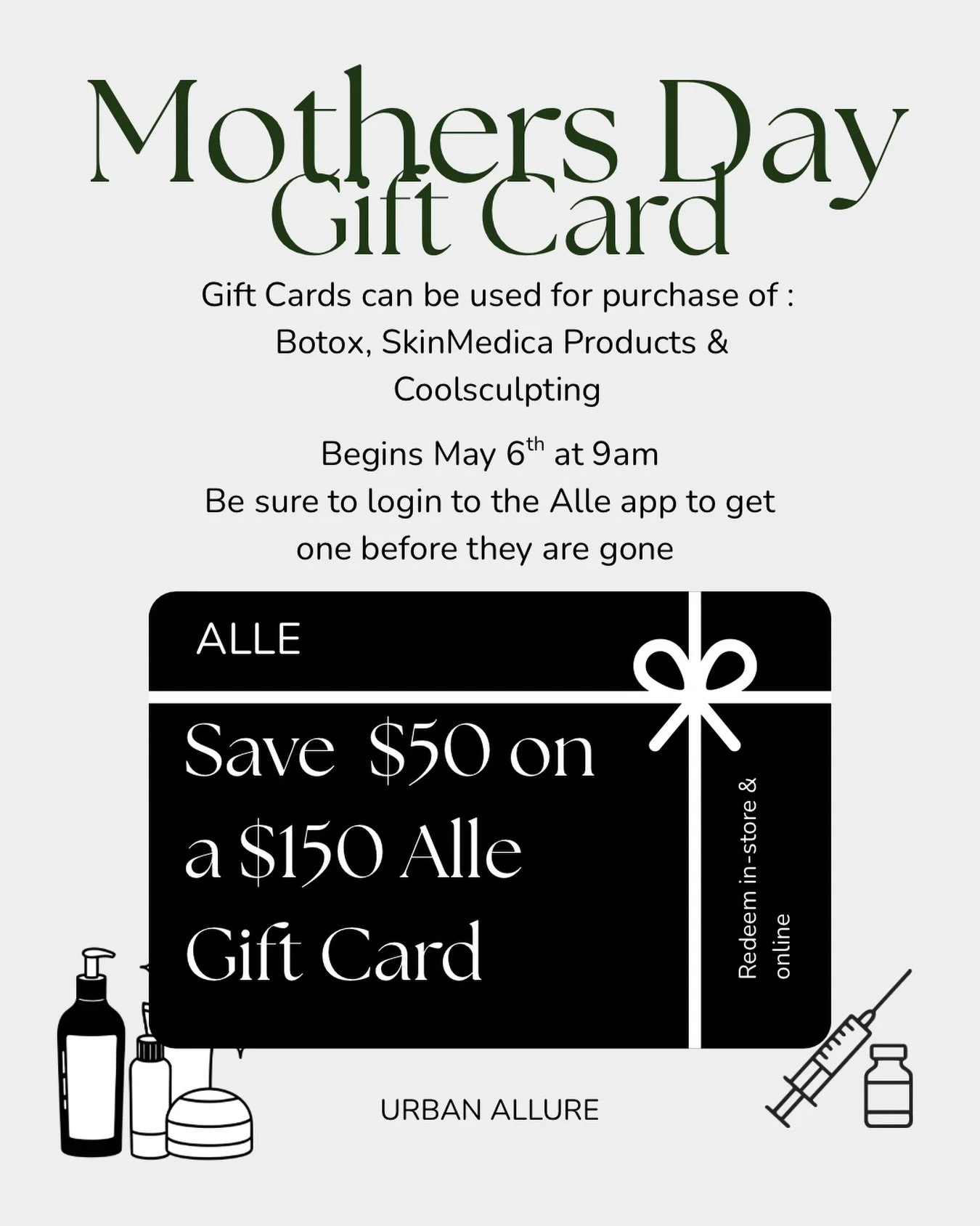 Mother&rsquo;s Day just got better 💫
Save $50 on a $150 Allē gift card&mdash;perfect for Botox, SkinMedica &amp; CoolSculpting.

Launching May 6th at 9AM
Be ready in the Allē app&hellip; these won&rsquo;t last.

#sfmedspa #bayareamedspa #botox #alle