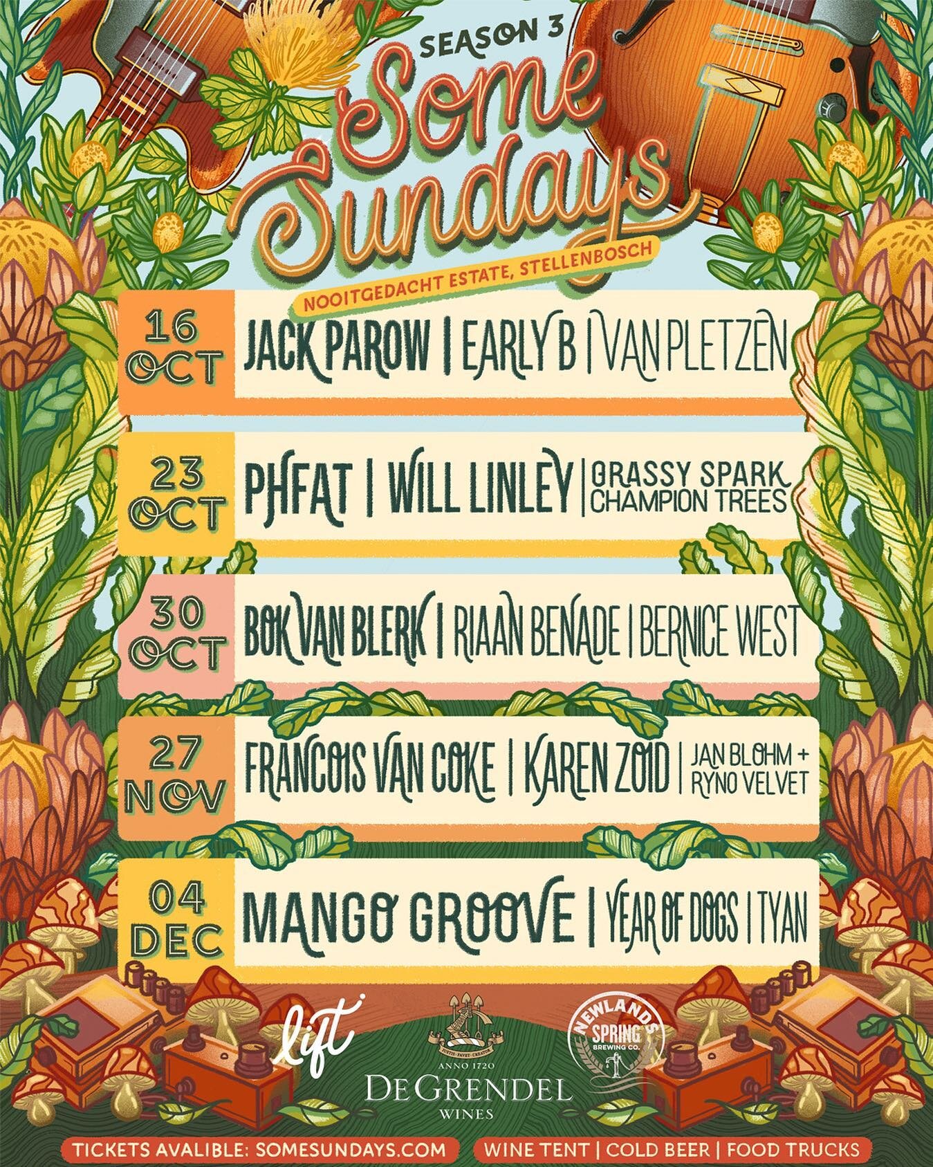 Join us for 5 very spicy Sundays in Stellenbosch 🌳🌞

16 OCT - @jackparow @earlybmusic @vanpletz 

23 OCT - @phfat_official @willlinleyy @grassyspark @championtreesband 

30 OCT - @bokvanblerkreal @_riaan_benade_ @bernicewest_ and @vanillabandsa 

2