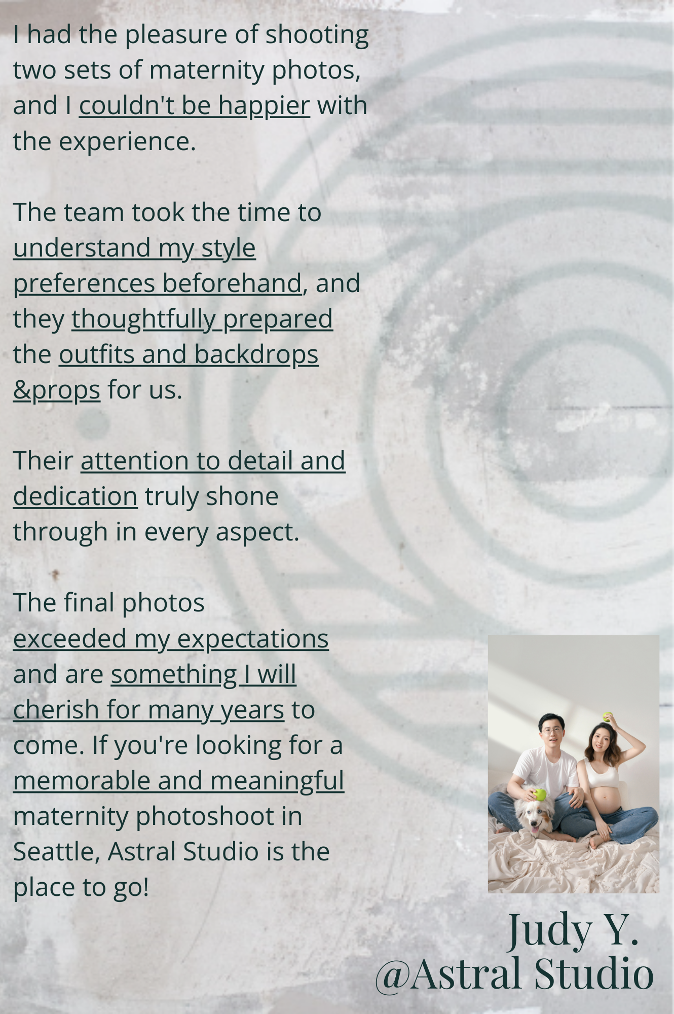 Testimonial graphic for Astral Studio featuring a couple with a dog, praising maternity photoshoot experience in Seattle by Judy Y.