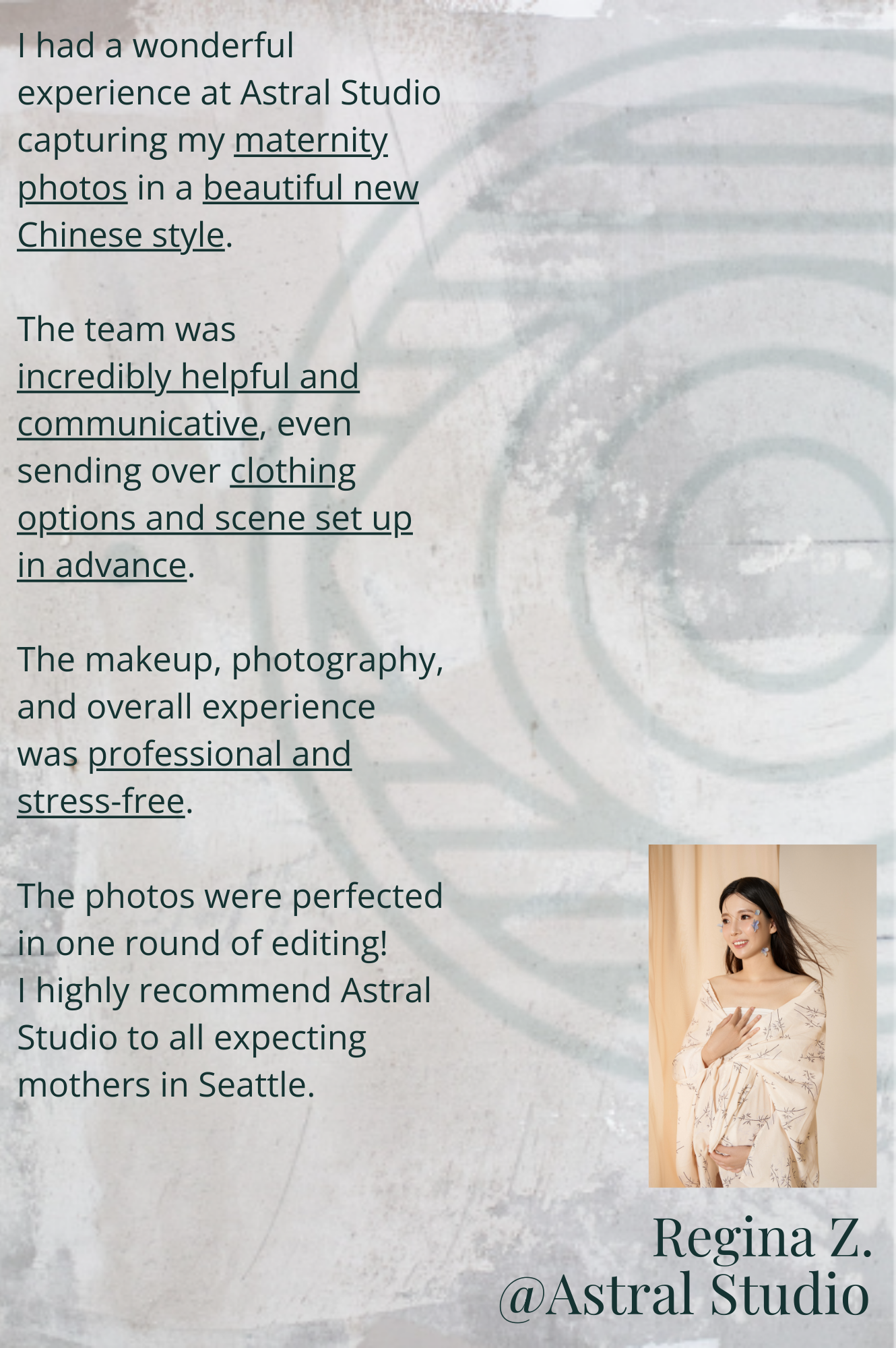Testimonial from a client praising Astral Studio for maternity photo services, mentioning helpful and communicative staff, and professional experience. The client recommends the studio for expecting mothers in Seattle. Includes a small photo of a pregnant woman."