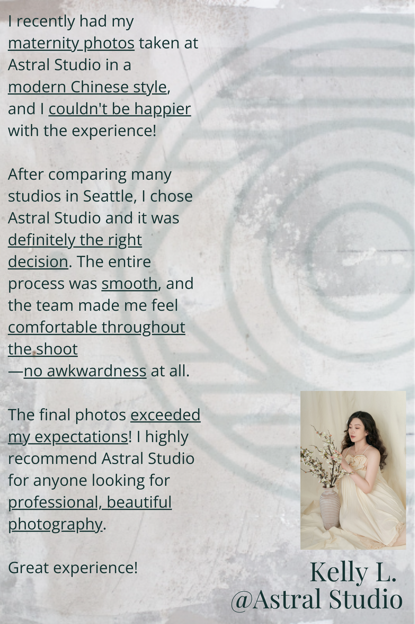 Testimonial about maternity photo session at Astral Studio, featuring a woman in a dress with a floral arrangement, praising the experience and final photos.