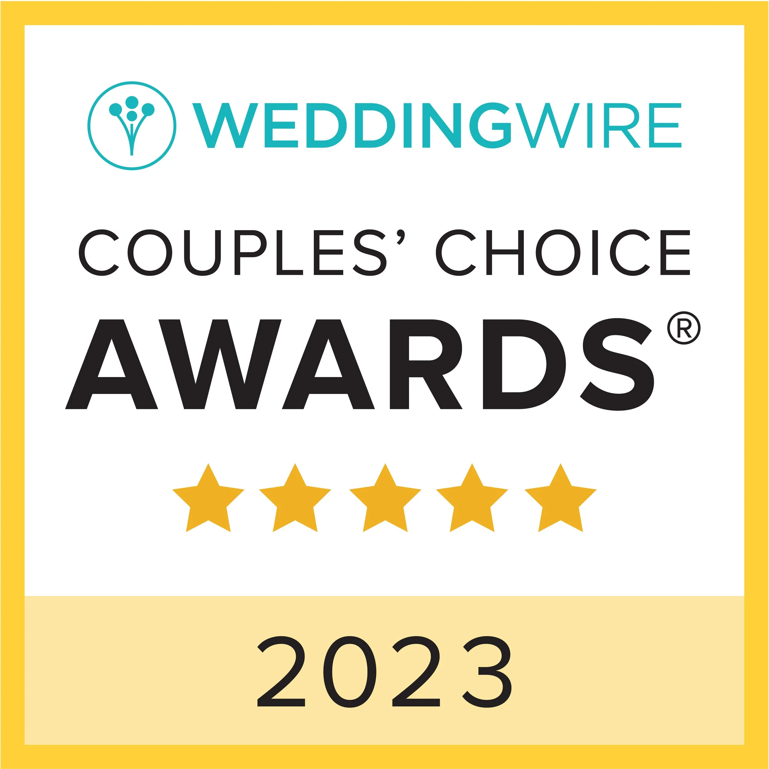 WeddingWire Couples' Choice Awards 2023 badge with a five-star rating, featuring a yellow border.