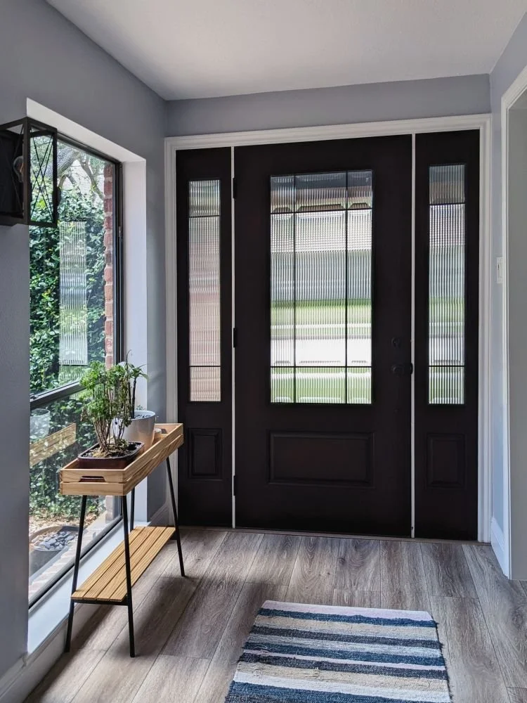 Entryway with black door, glass panels, and light-colored wooden floor, small striped rug, window with outdoor view, and a wooden plant stand with plants next to the window.