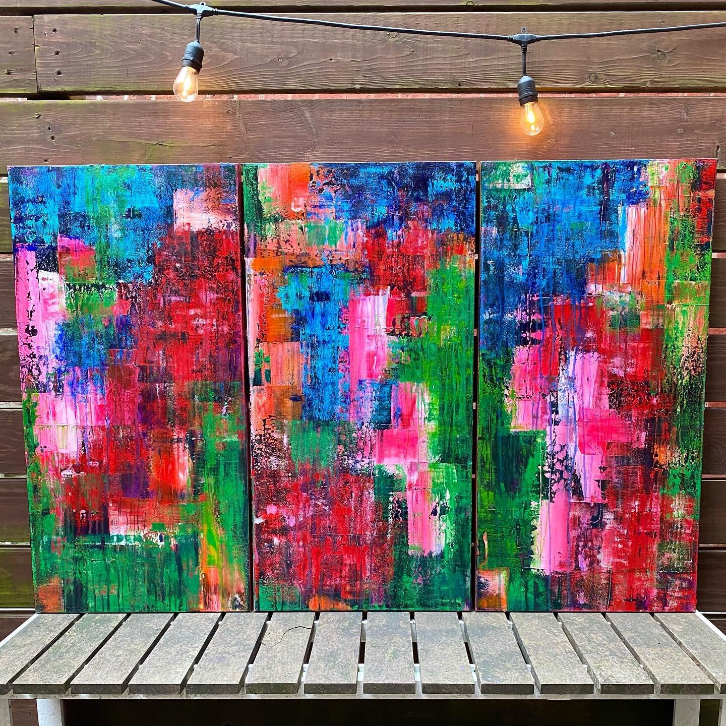 💫I. Am. Obsessed.💫
Triptych complete! The colors, vibe and FEELS of these pieces have me all excited! I love how vibrant the colors are and I am so happy every time I look at them! These guys are so ELECTRIC with personality and will be on my new w