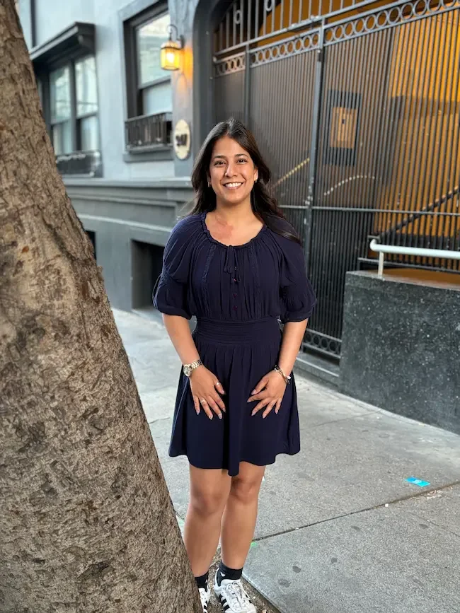 simran bhaskar smiling on philadelphia street