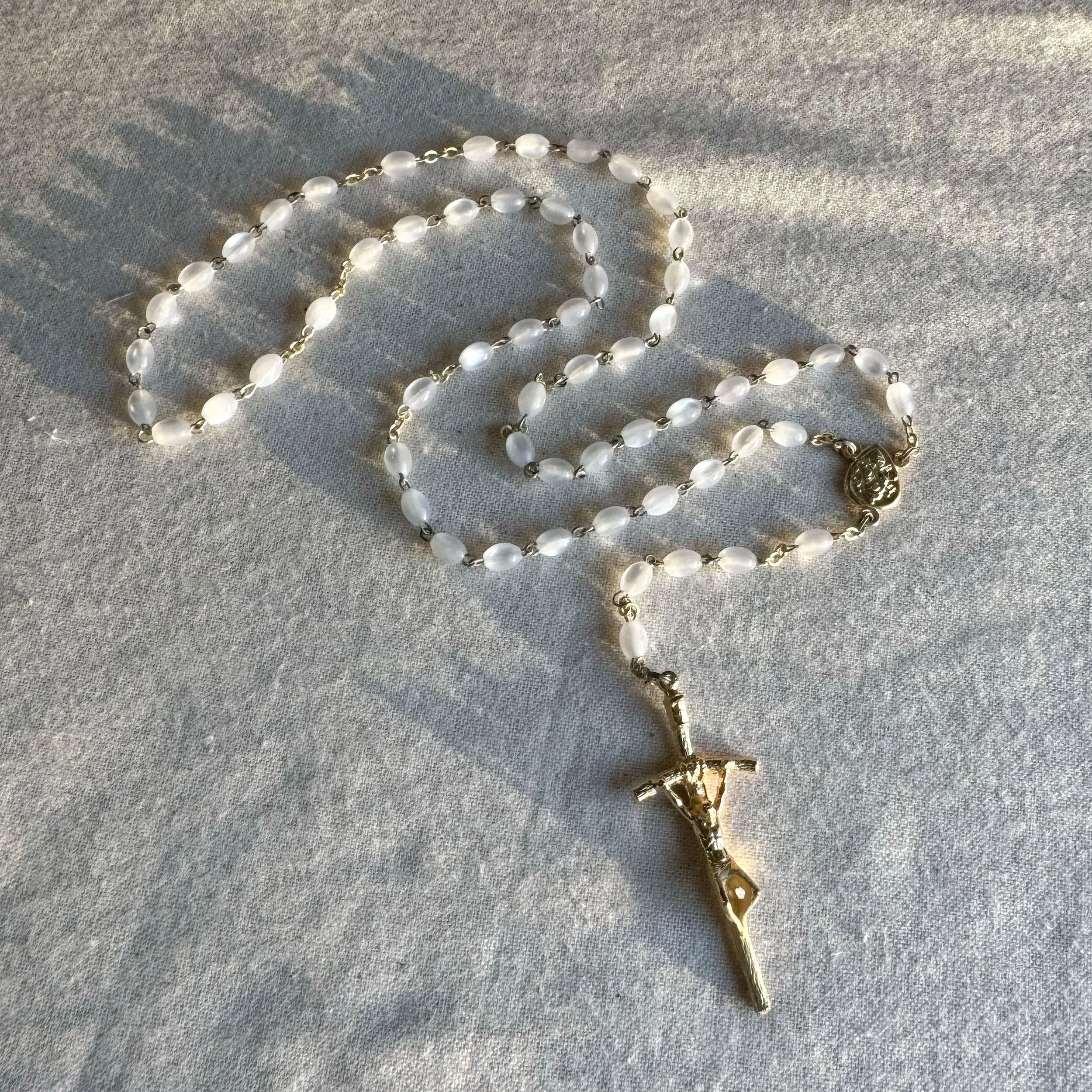 Golden-Metal Rosary with Pearl-like Beads