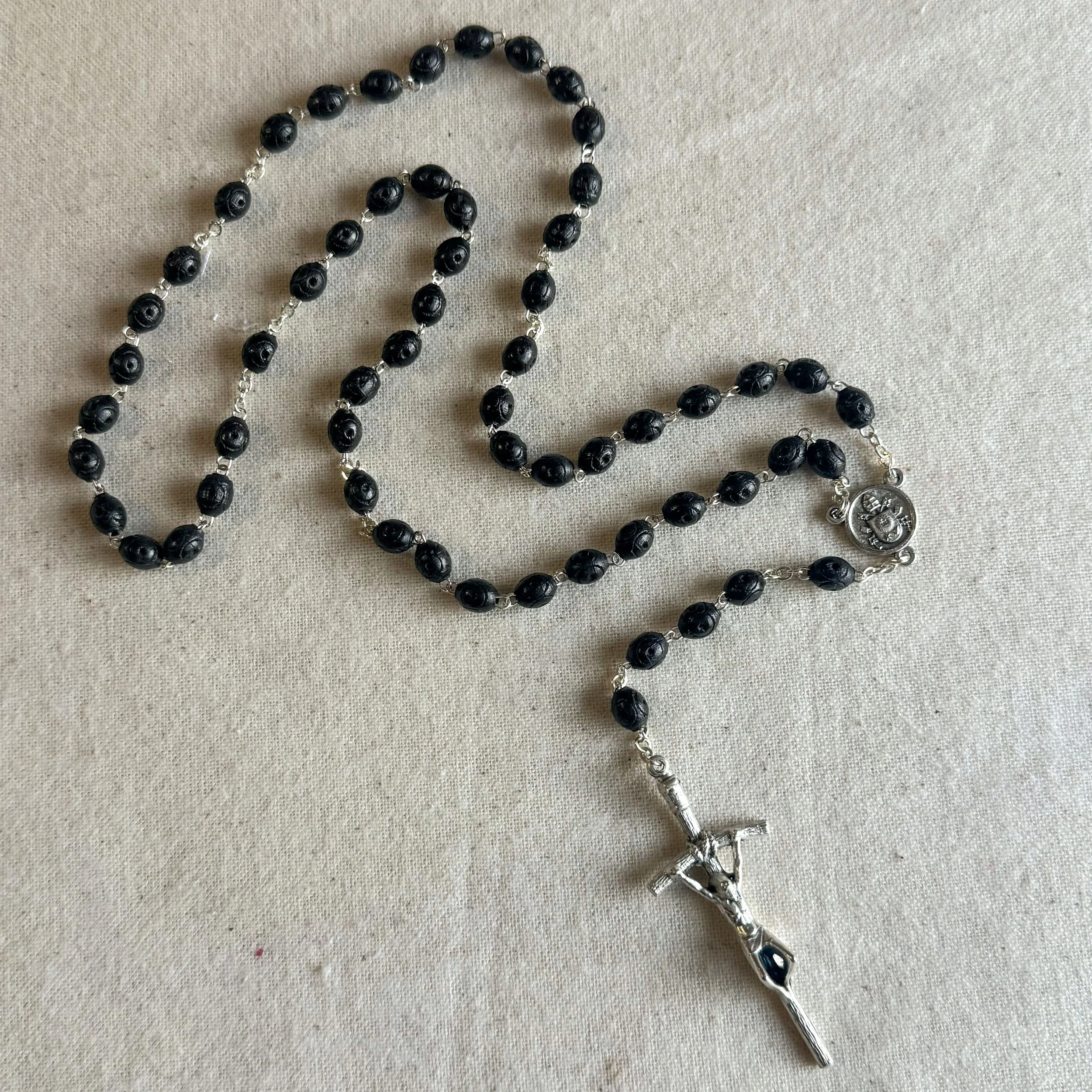 Silver-Metal Rosary with Black Wooden Beads