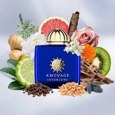 Amouage Interlude Woman perfume bottle with dark smoky background and luxurious amber tones