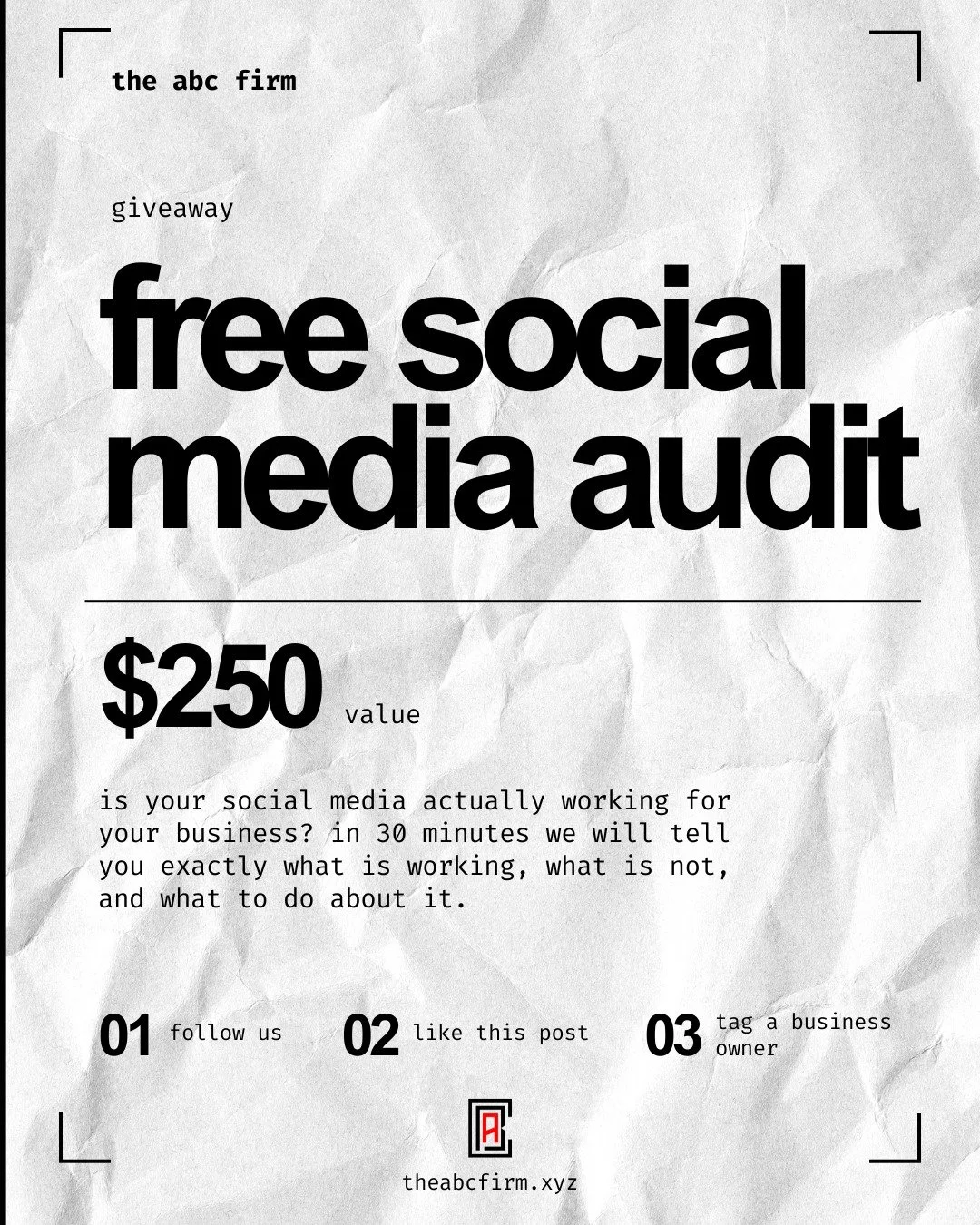 is your social media actually working for your business, or does it just feel like you are posting into the void?

we are giving away a free social media audit valued at $250 to one business owner who is ready to find out.

in 30 minutes we will tell